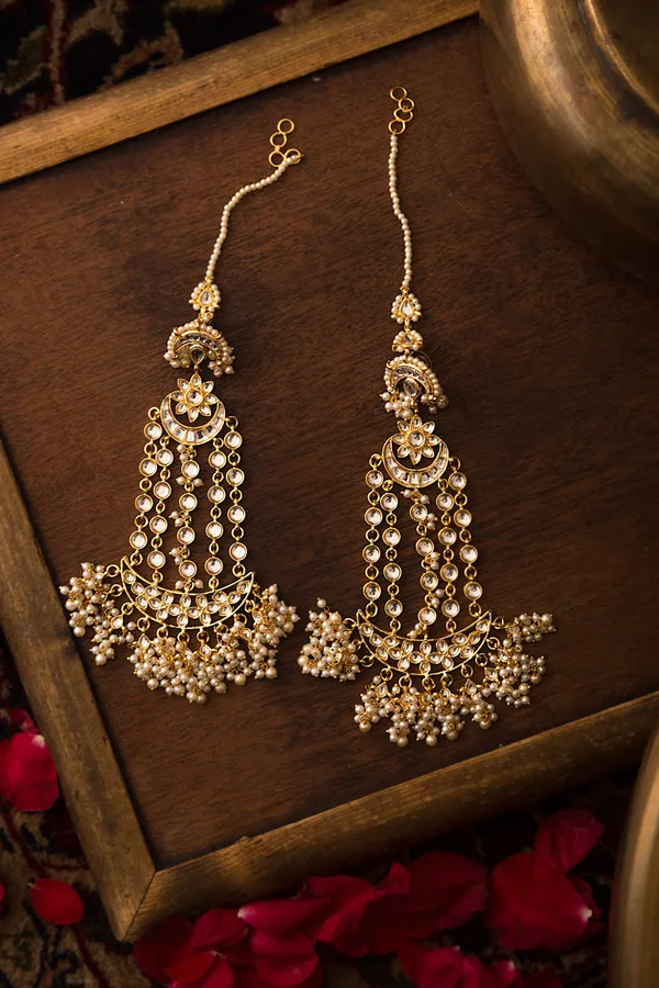 Golden Kundan Chand Pearl Earrings