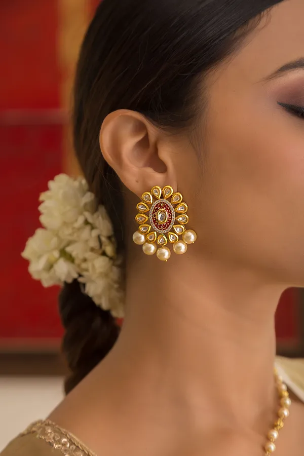 Red Meena Kundan Earrings With Pearl Drops