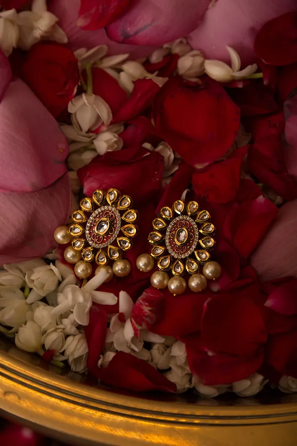 Red Meena Kundan Earrings With Pearl Drops
