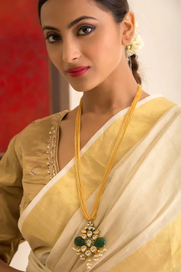 Blue Meena Green Kundan Pendant Necklace