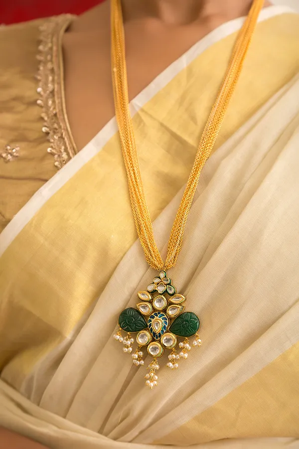 Blue Meena Green Kundan Pendant Necklace