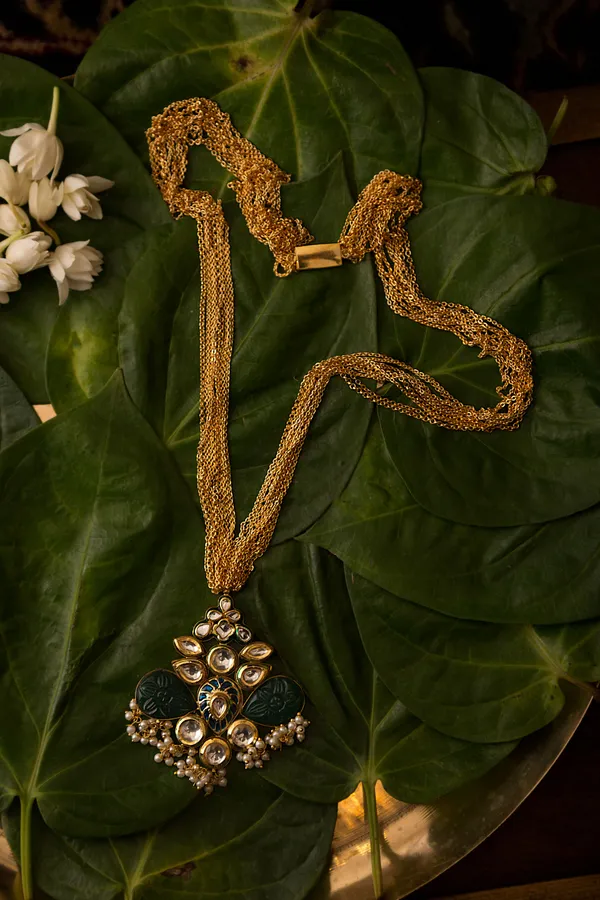 Blue Meena Green Kundan Pendant Necklace