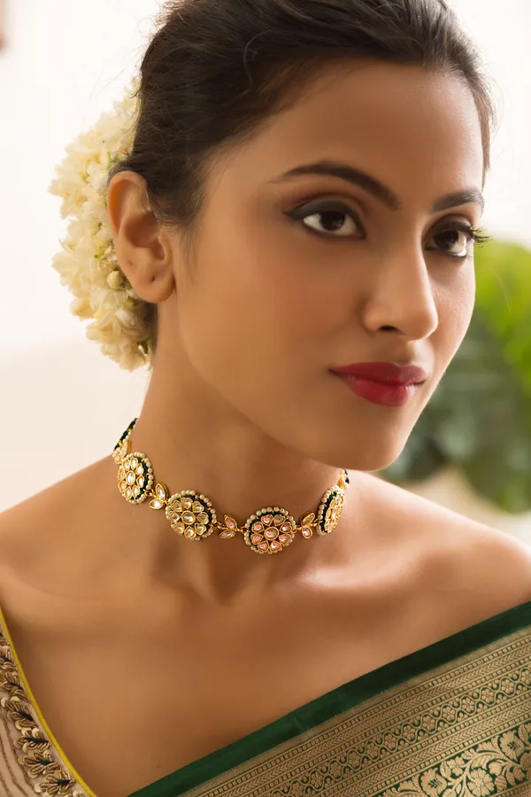 Gold & White Kundan Petal Choker Necklace