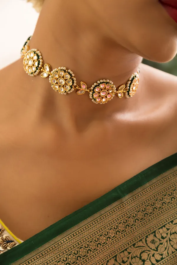 Gold & White Kundan Petal Choker Necklace