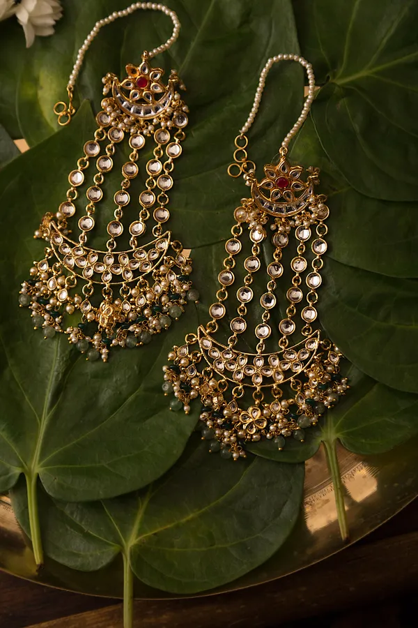 Red Kundan Golden Chand Pearl Earrings With Green Drops