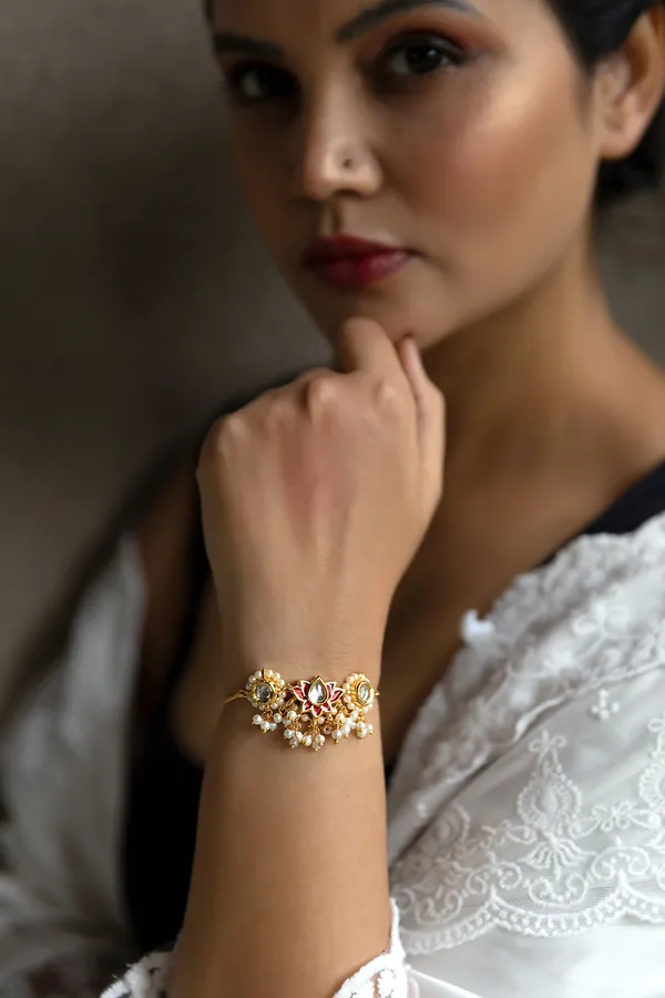 Pink Lotus Pearls Kundan Bracelet