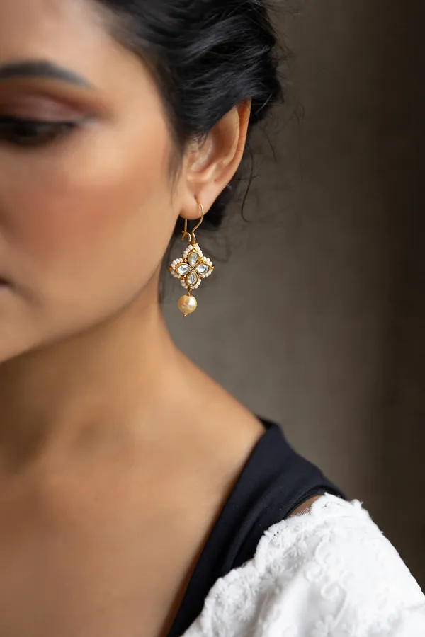 White Kundan Pearl Drop Danglers Earrings