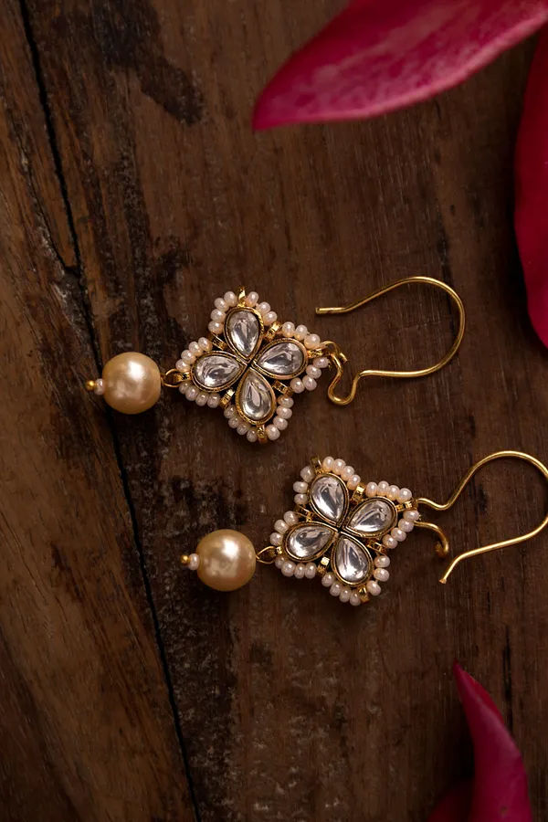 White Kundan Pearl Drop Danglers Earrings
