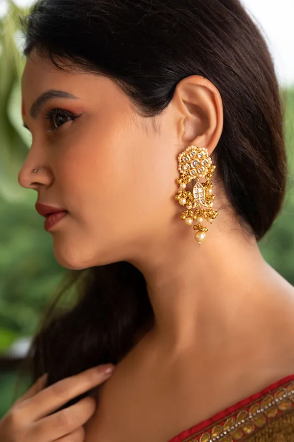 Flower Fish Kundan White & Gold Pearls Earrings