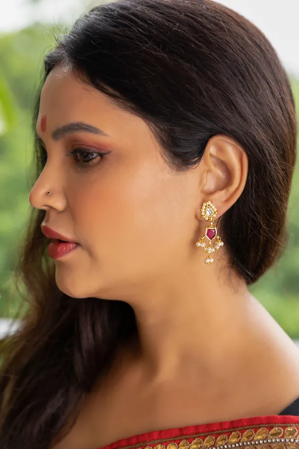 Kundan Red Hexa Drop Pearls Earrings