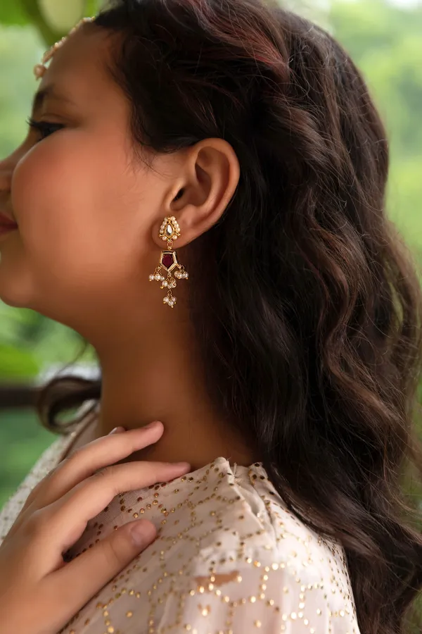 Kundan Red Hexa Drop Pearls Earrings