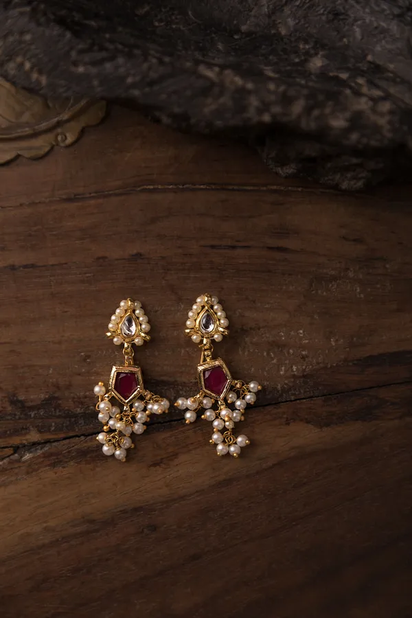 Kundan Red Hexa Drop Pearls Earrings