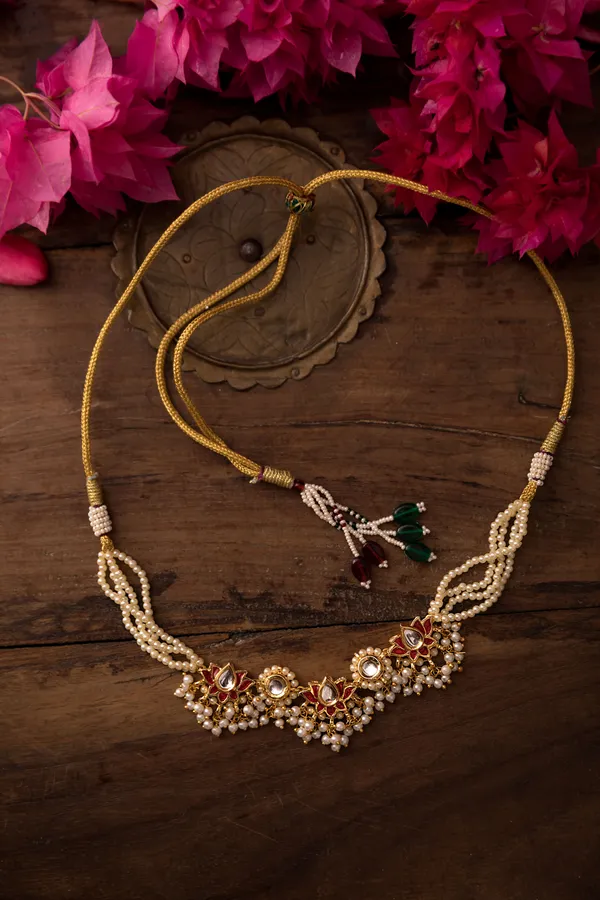 Red Lotus Pearls Kundan Choker Necklace