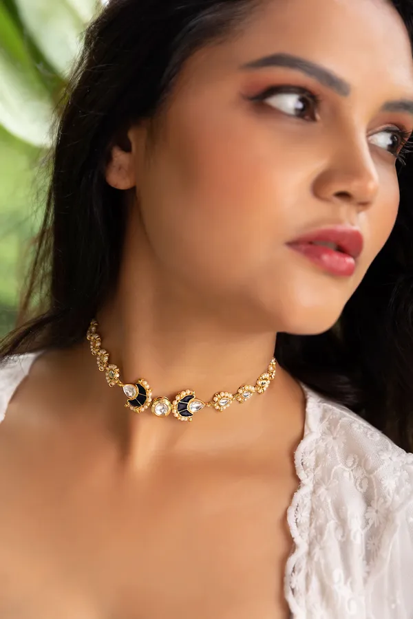 Blue Meenakari Pearls Kundan Choker Necklace & Bracelet