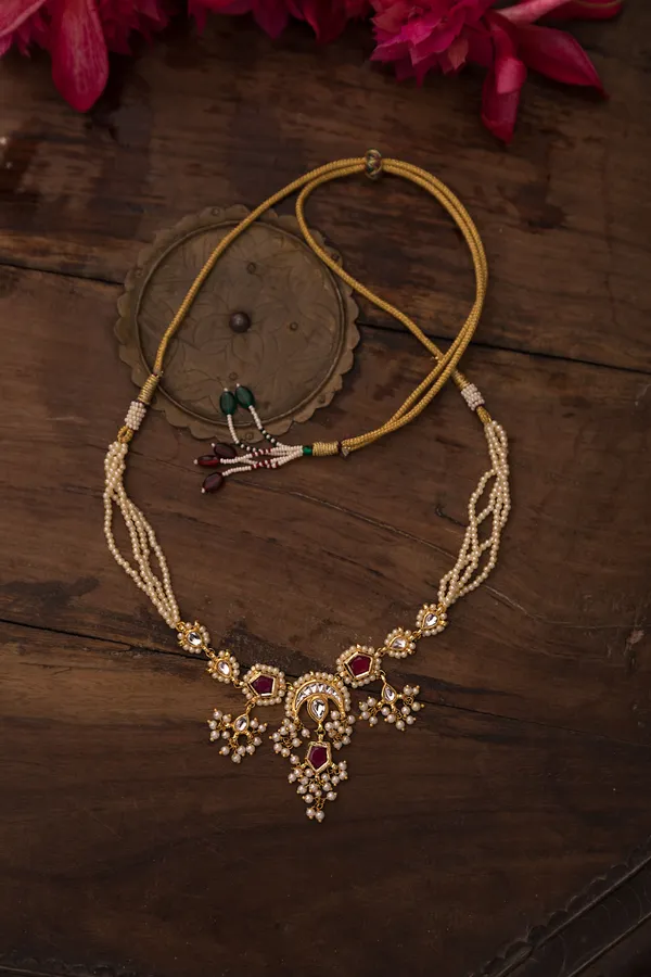 Kundan Red Hexa Drop Pearls Necklace