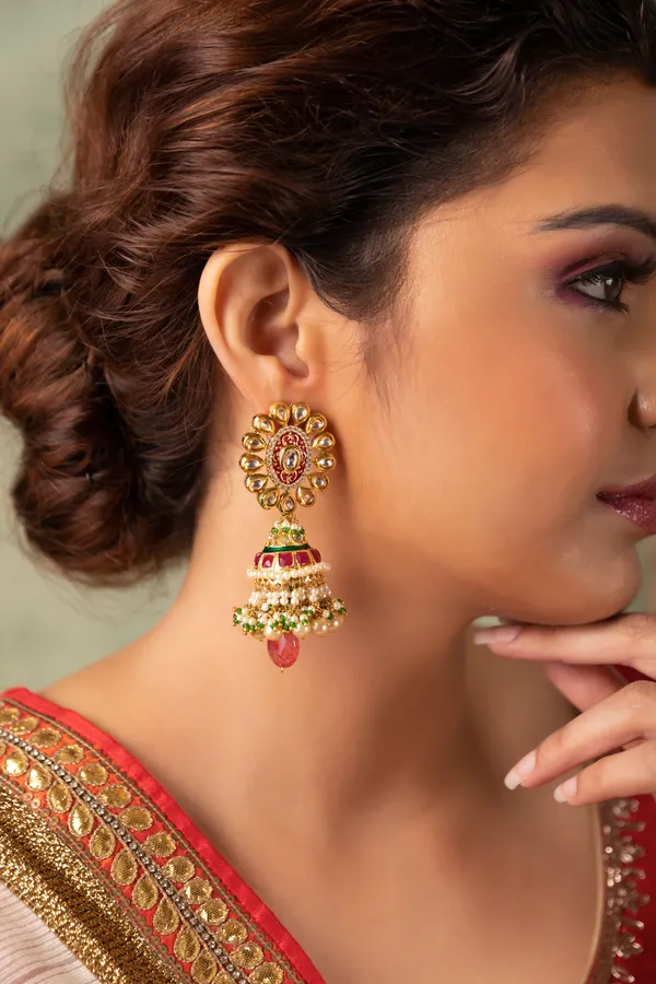Red & Green Flower Pearls Drops Jhumki