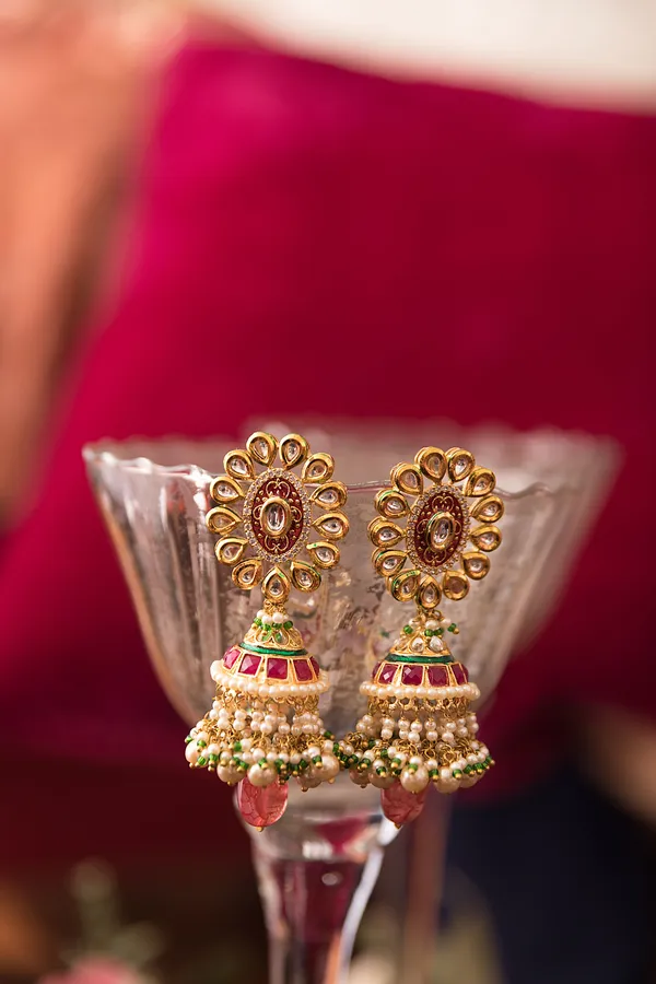 Red & Green Flower Pearls Drops Jhumki