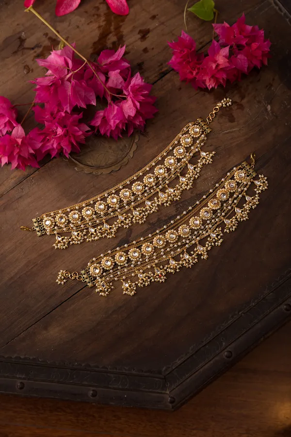 White Kundan Pearls Drops Anklet