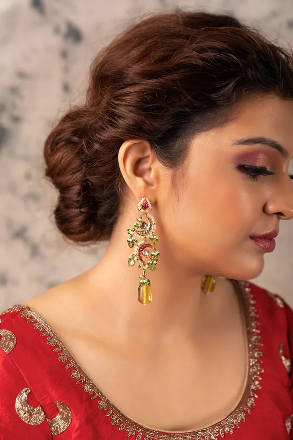 Red & White Kundan Yellow & Green Drops Earrings