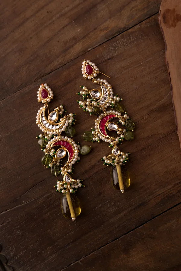 Red & White Kundan Yellow & Green Drops Earrings