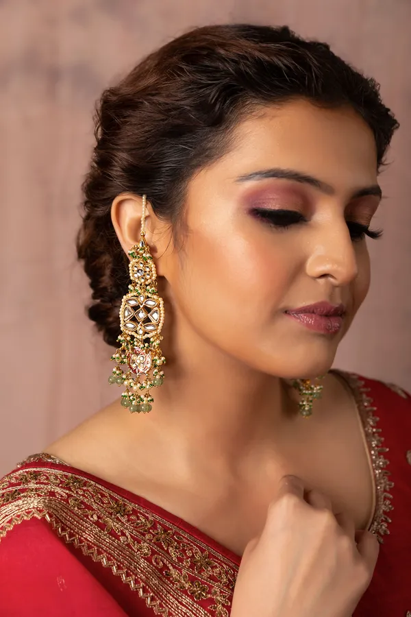 Red Meena Gold Kundan Green Drops Earrings
