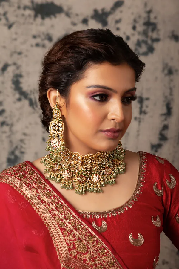 Red Meena Gold Kundan Green Drops Earrings