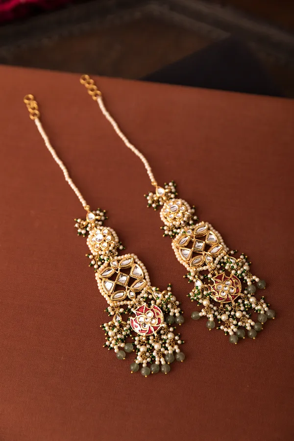 Red Meena Gold Kundan Green Drops Earrings