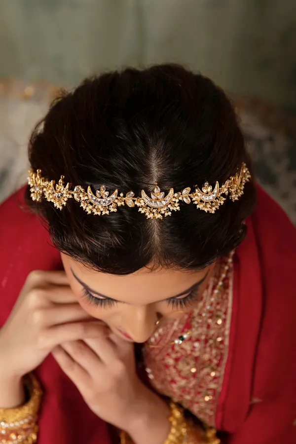 White Kundan Chand Pearls Headband