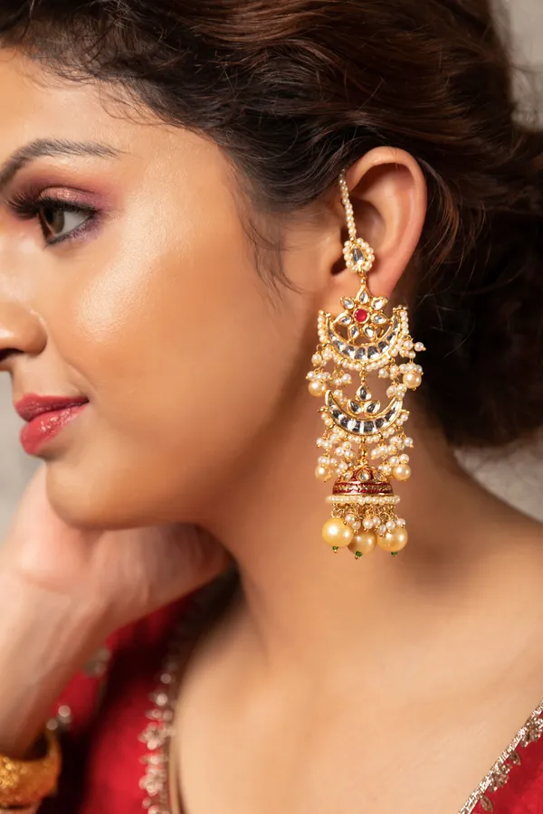 Red Center Chand Kundan Meenakari Jhumki Earrings