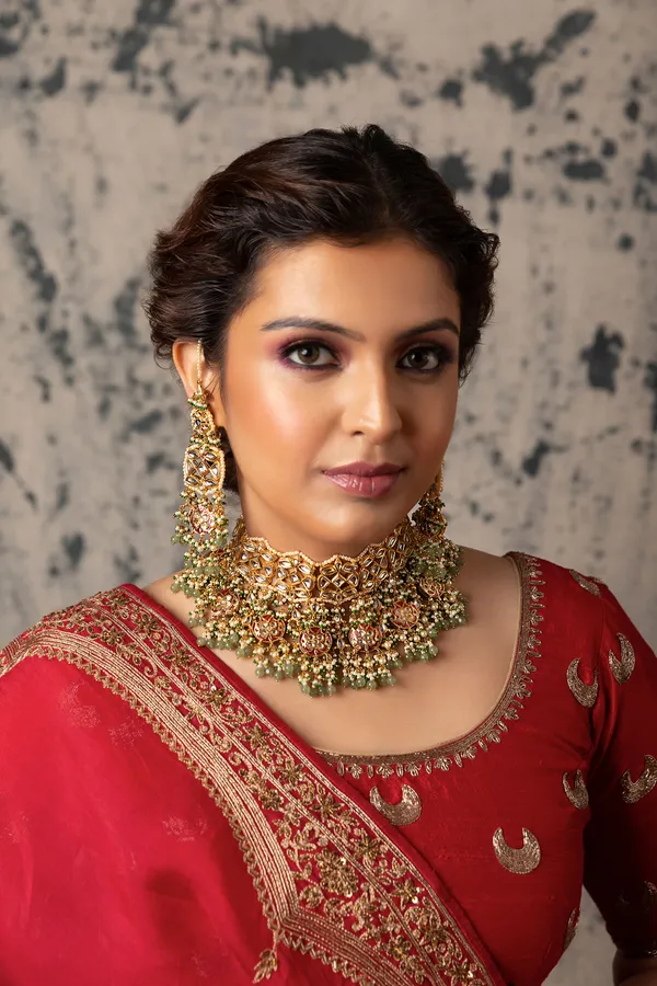 Red Meena Gold Kundan Green Drops Choker Necklace