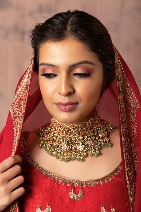 Red Meena Gold Kundan Green Drops Choker Necklace