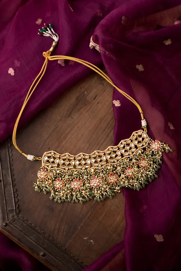 Red Meena Gold Kundan Green Drops Choker Necklace