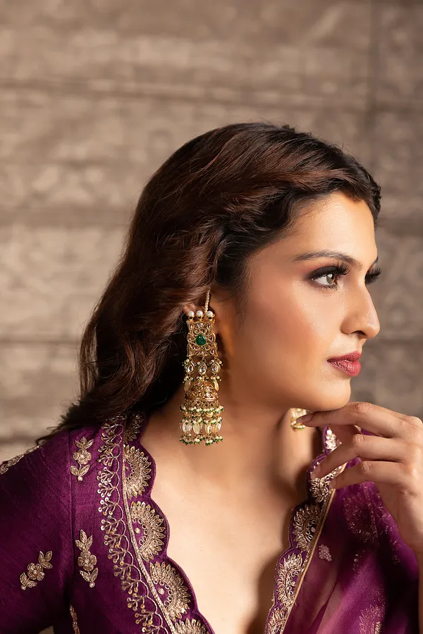 Green Centre With Citrine & Kundan Drops Jhumki Earrings