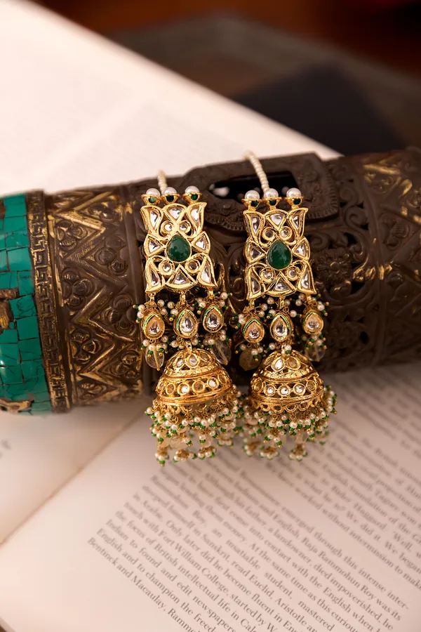Green Centre With Citrine & Kundan Drops Jhumki Earrings