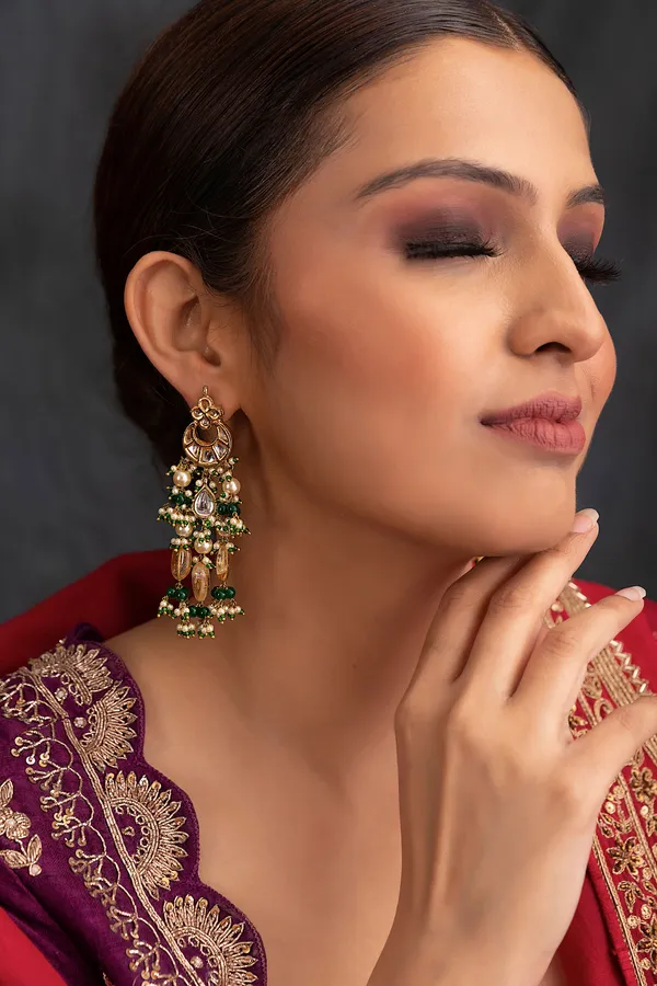 Yellow Citrine With Green Hints Kundan Drop Earrings