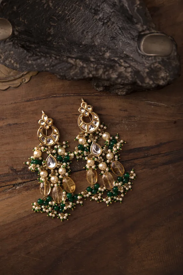 Yellow Citrine With Green Hints Kundan Drop Earrings