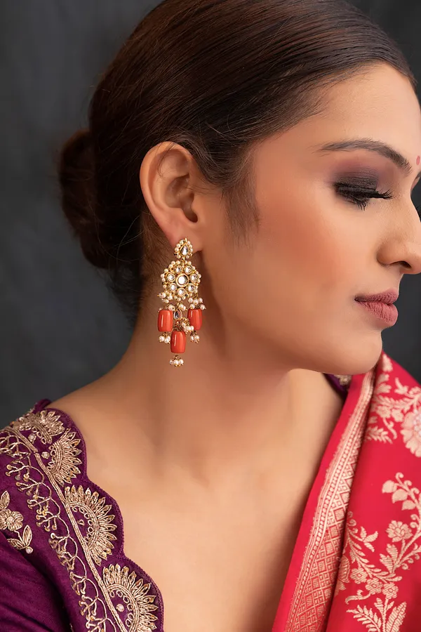Coral Flower With Biya Kundan Earrings