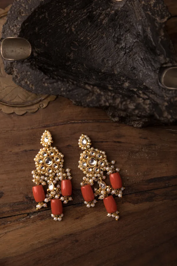 Coral Flower With Biya Kundan Earrings