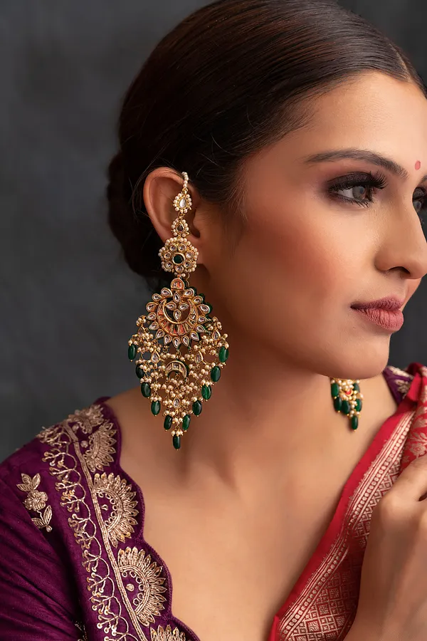 Green Center Chand Kundan With Emerald Drops Chandbali Earrings