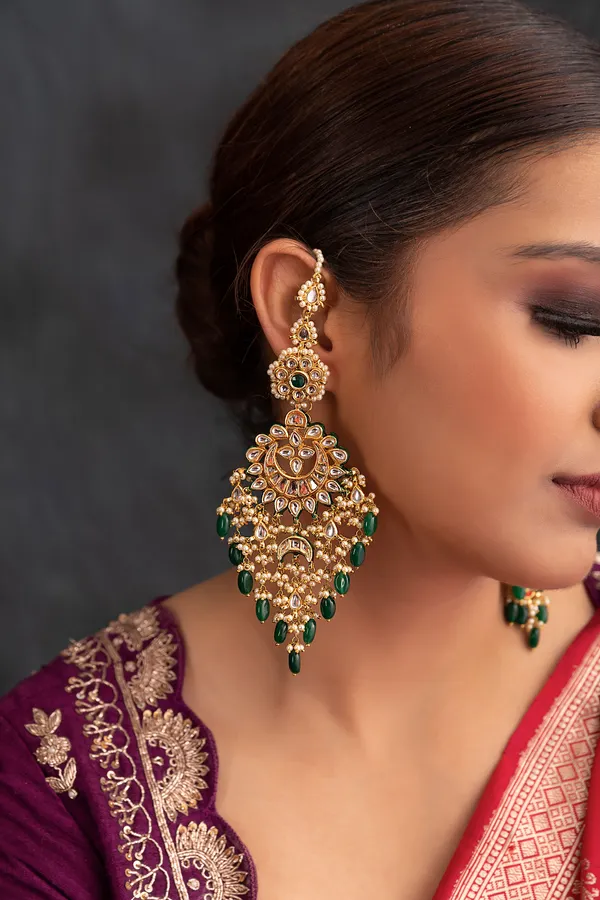 Green Center Chand Kundan With Emerald Drops Chandbali Earrings