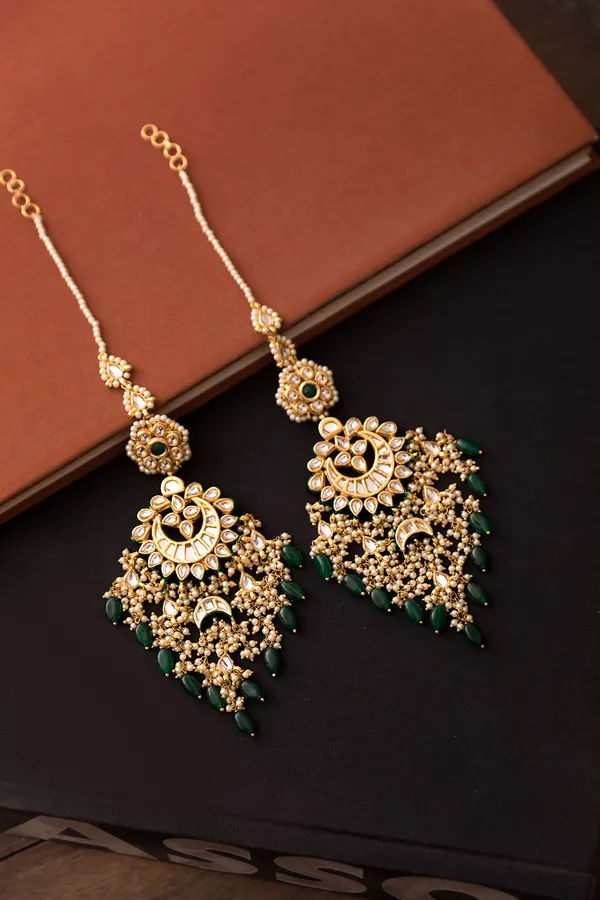 Green Center Chand Kundan With Emerald Drops Chandbali Earrings