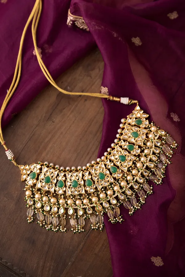 White Kundan Emerald Yellow Drops Choker