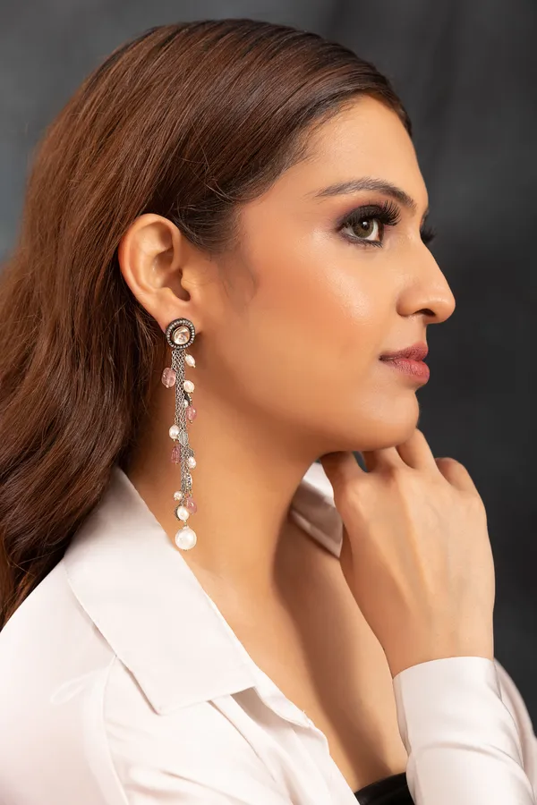 Silver Zirconia Tourmaline & Pearls Earrings