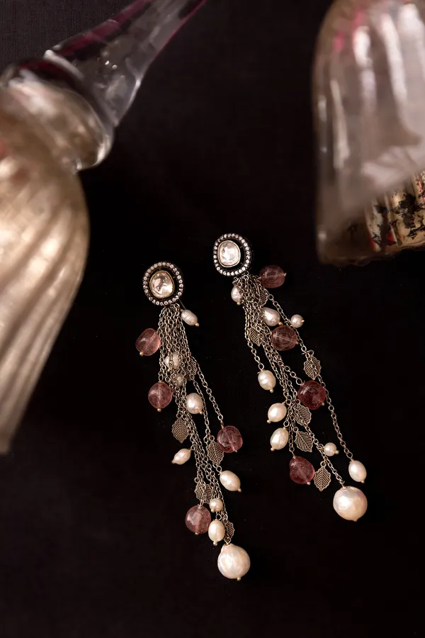 Silver Zirconia Tourmaline & Pearls Earrings