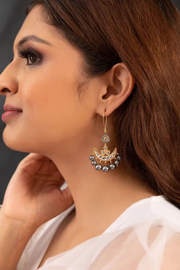 Dual Tone Zirconia Grey Pearls Chand Earrings