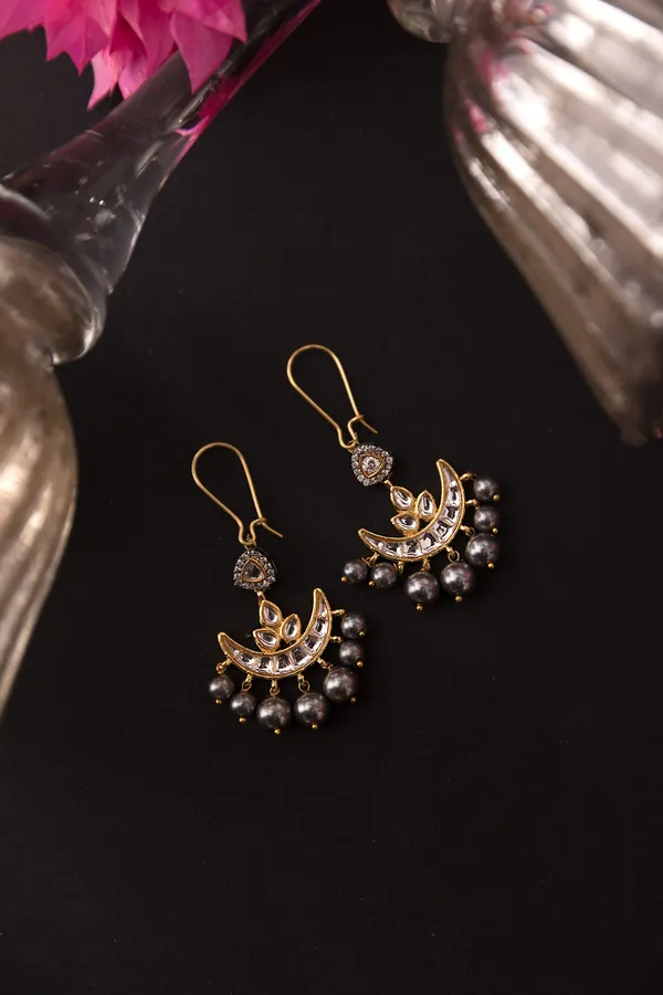 Dual Tone Zirconia Grey Pearls Chand Earrings