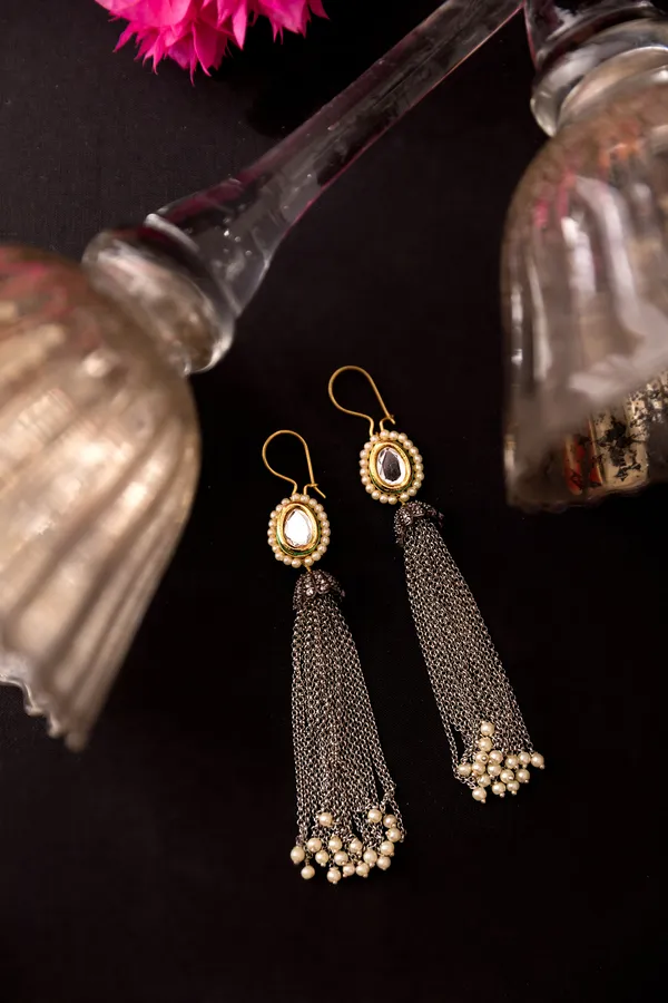 Dual Tone Silver Chain Pearls Danglers Earrings