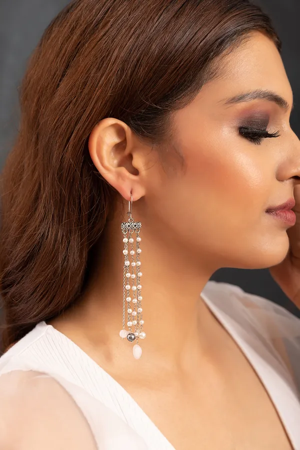 Rose Quartz Grey Pearls Silver Chain Danglers Earrings