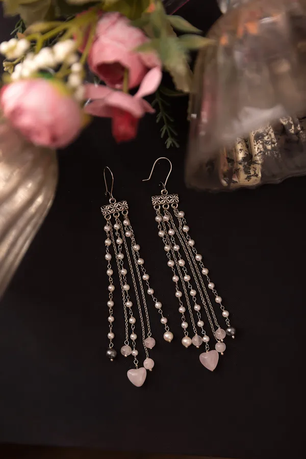 Rose Quartz Grey Pearls Silver Chain Danglers Earrings