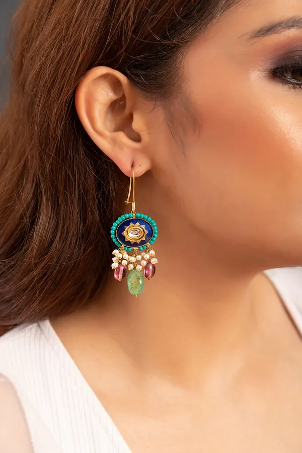 Oval Blue Feroza Danglers With Pink & Green Drops Earrings